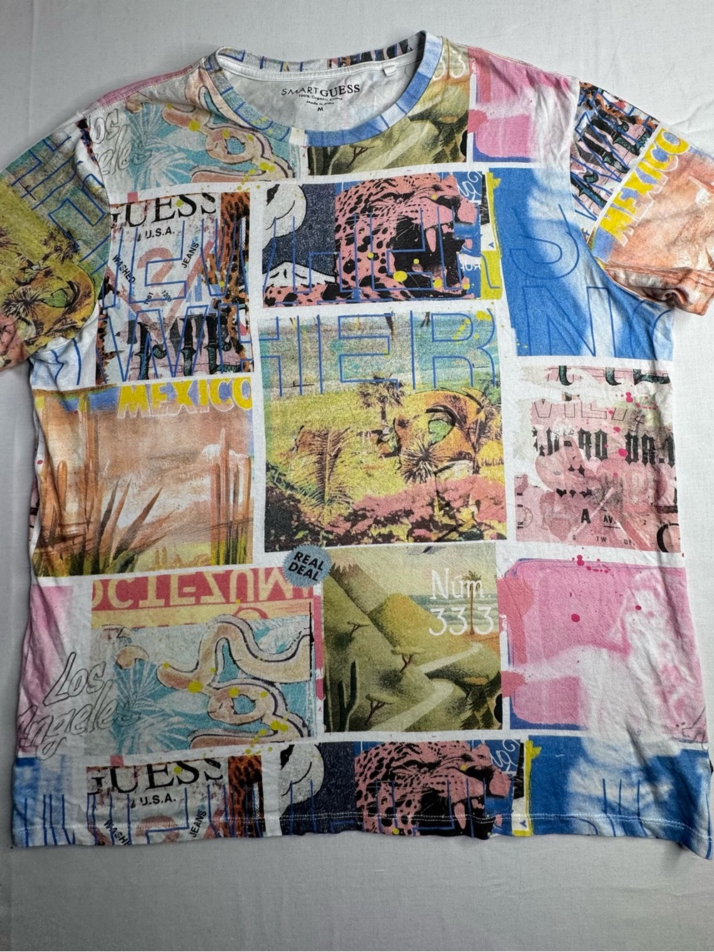 Guess Multicolor Graphic Patchwork Crewneck Tee - Pink Blue Yellow